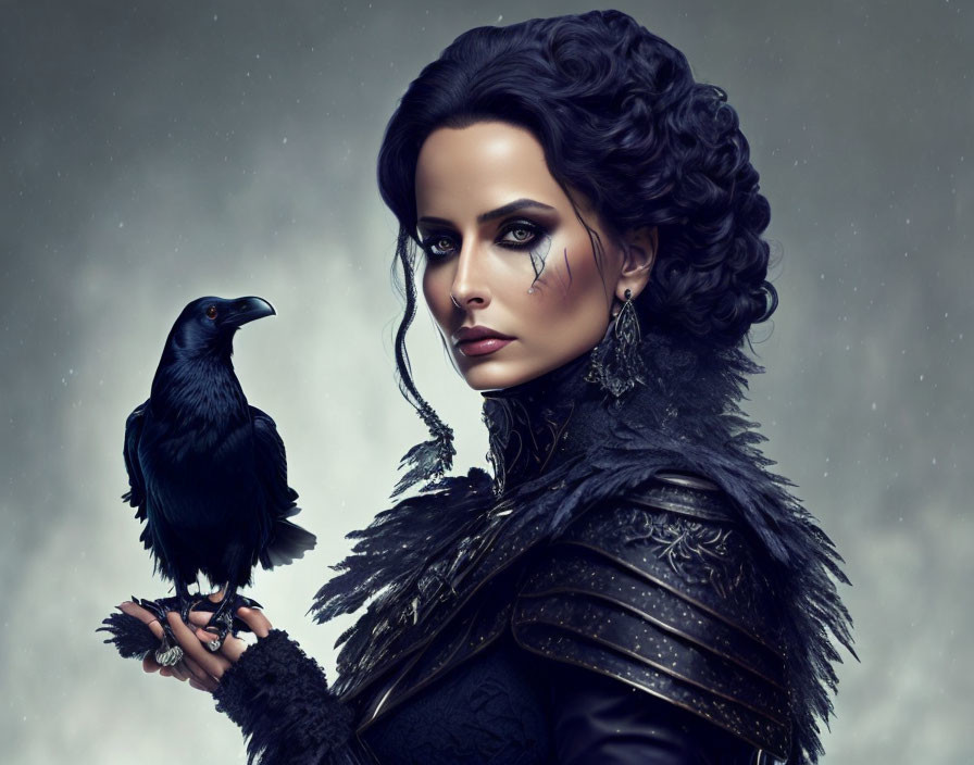 Elaborate Dark-Haired Woman in Gothic Attire with Raven on Hand