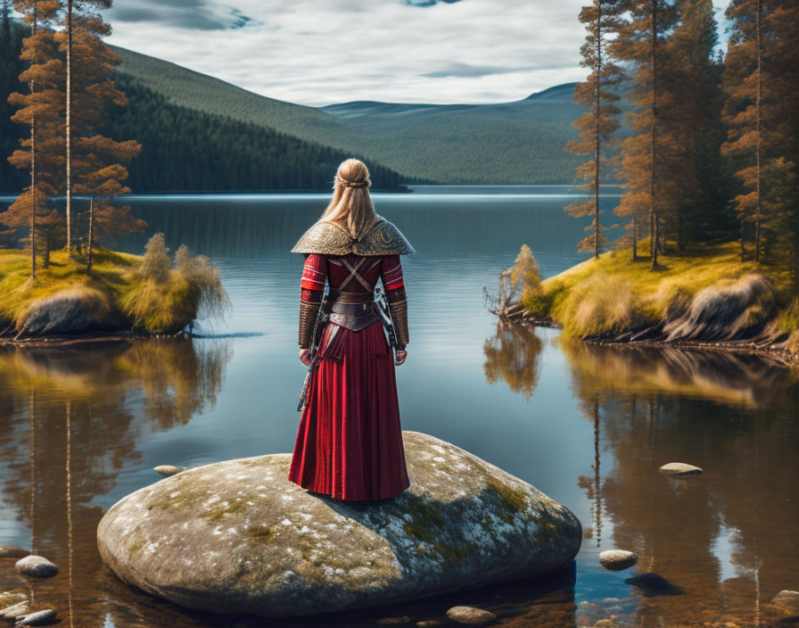 Medieval knight in armor overlooking serene lake and pine trees