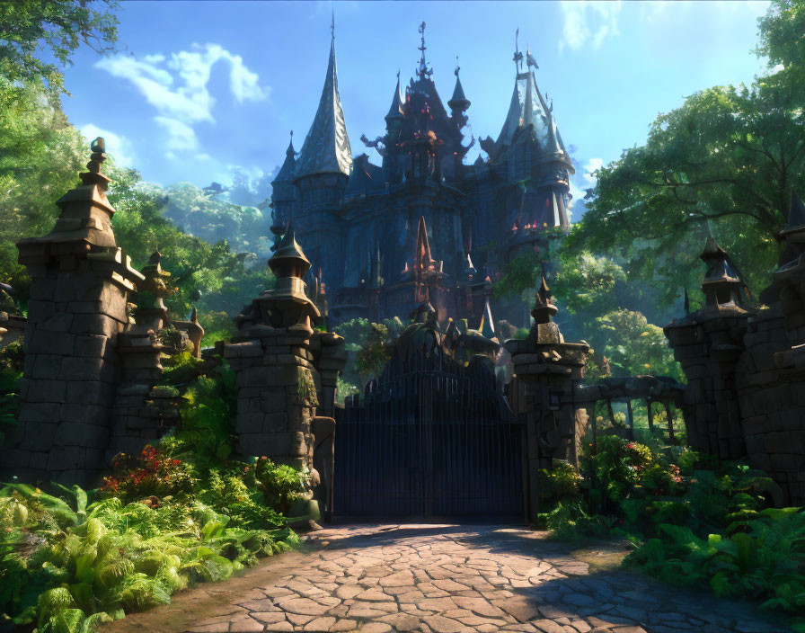 Enchanting castle with lush greenery and ornate gate in magical realm