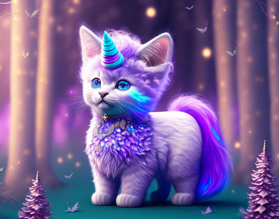 Blue kitten with unicorn horn in mystical forest setting