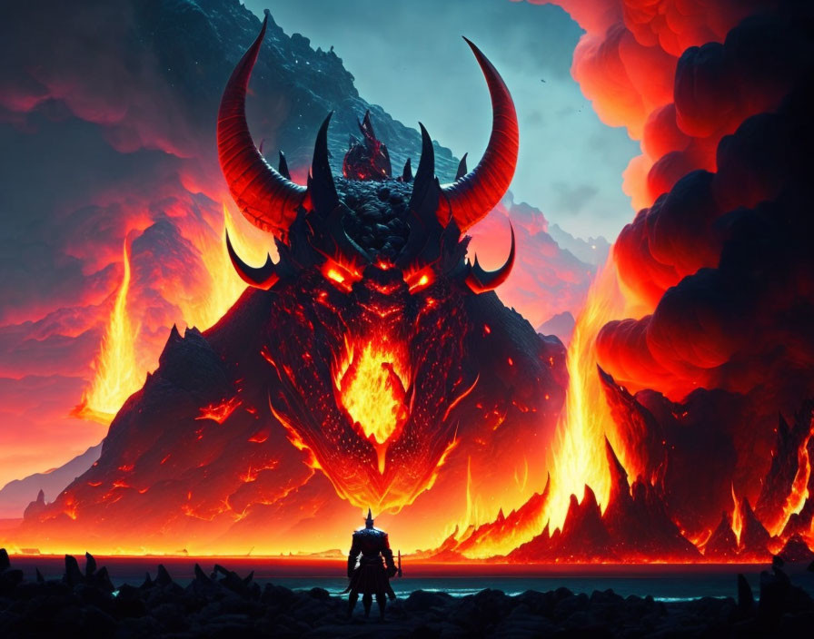 Knight facing fiery demon in hellish landscape with glowing eyes and horns