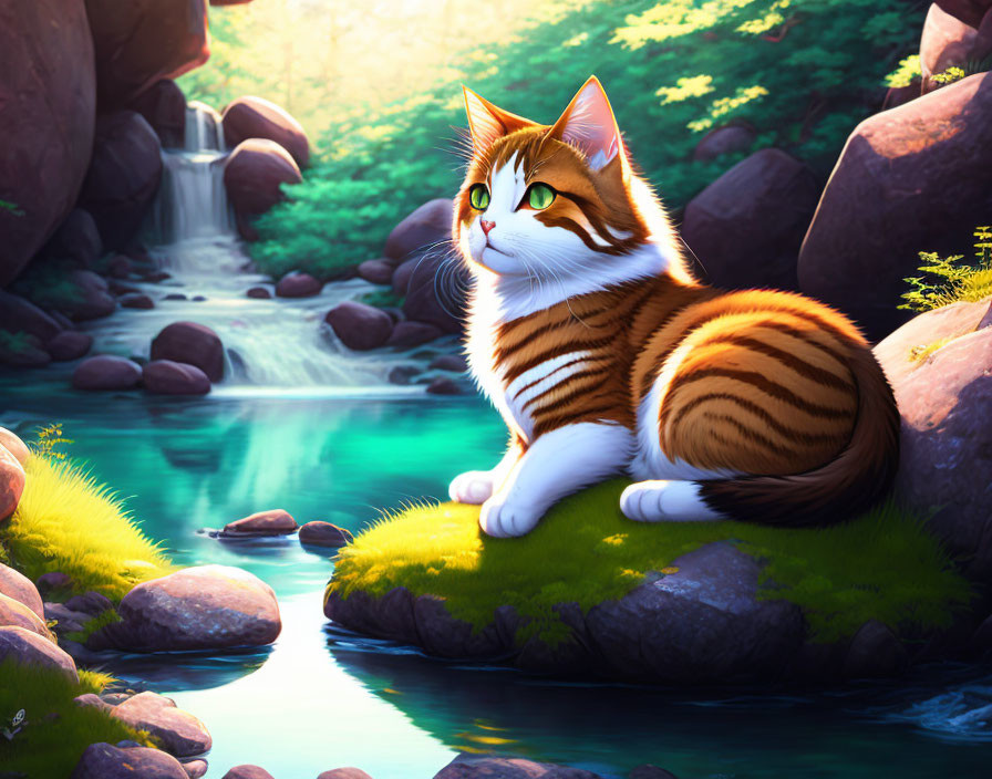 Colorful Tabby Cat by Serene Stream with Waterfalls and Greenery