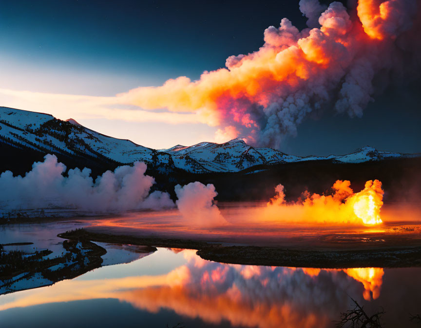 Nighttime explosion near snowy mountains and serene lake under dramatic sky