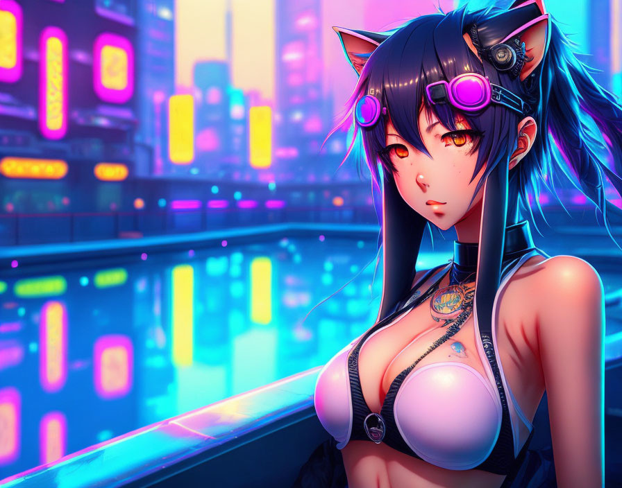 Blue Headphones Cat-Eared Character in Neon Cityscape at Dusk