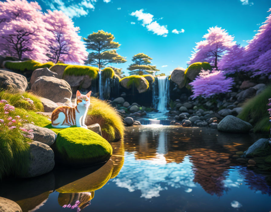 Cat resting by rock at tranquil pond with cherry blossoms and waterfall