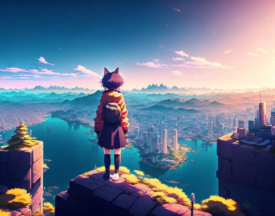 Cat-eared character on high ruin gazes at futuristic cityscape during sunrise or sunset