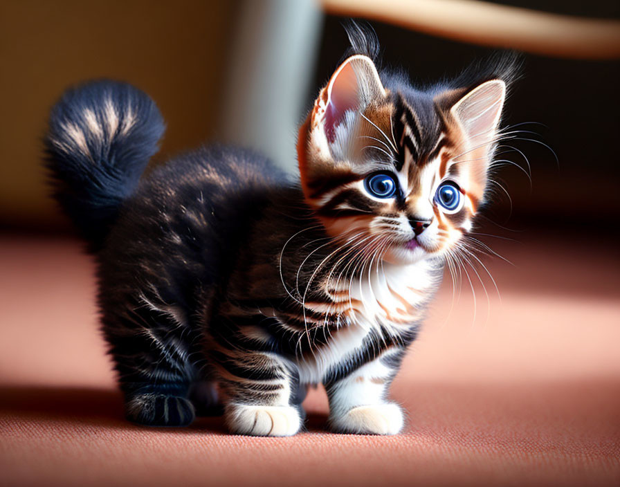 Small Striped Kitten with Big Blue Eyes on Reddish-Brown Surface