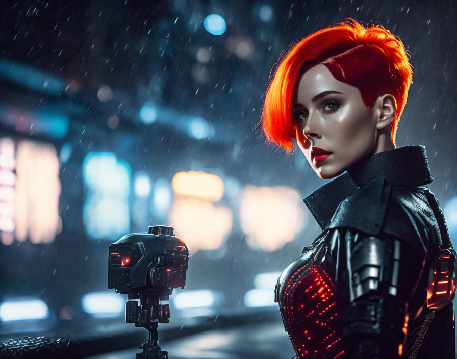 Red-Haired Woman in Futuristic Night Cityscape with Snow and Neon Lights