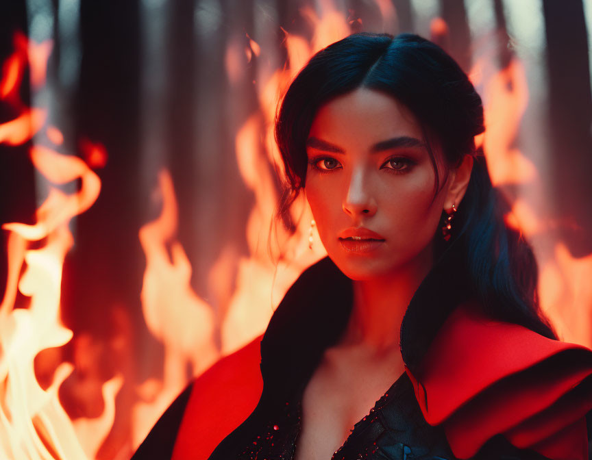 Dark-haired woman in red and black attire against fiery backdrop