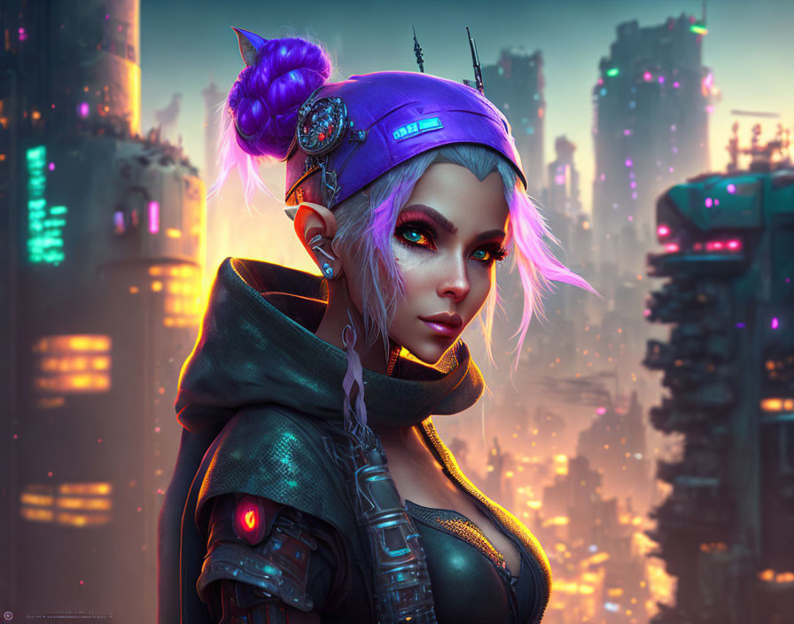 Futuristic digital artwork of female character with purple hair and cybernetic enhancements in neon-lit