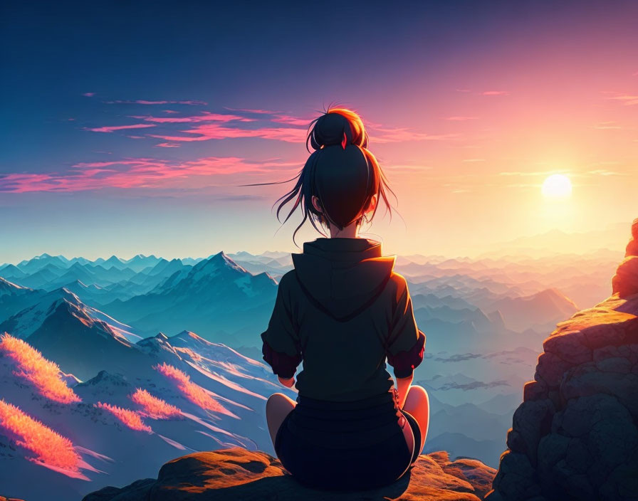 Person with ponytail gazes over mountain landscape at sunset