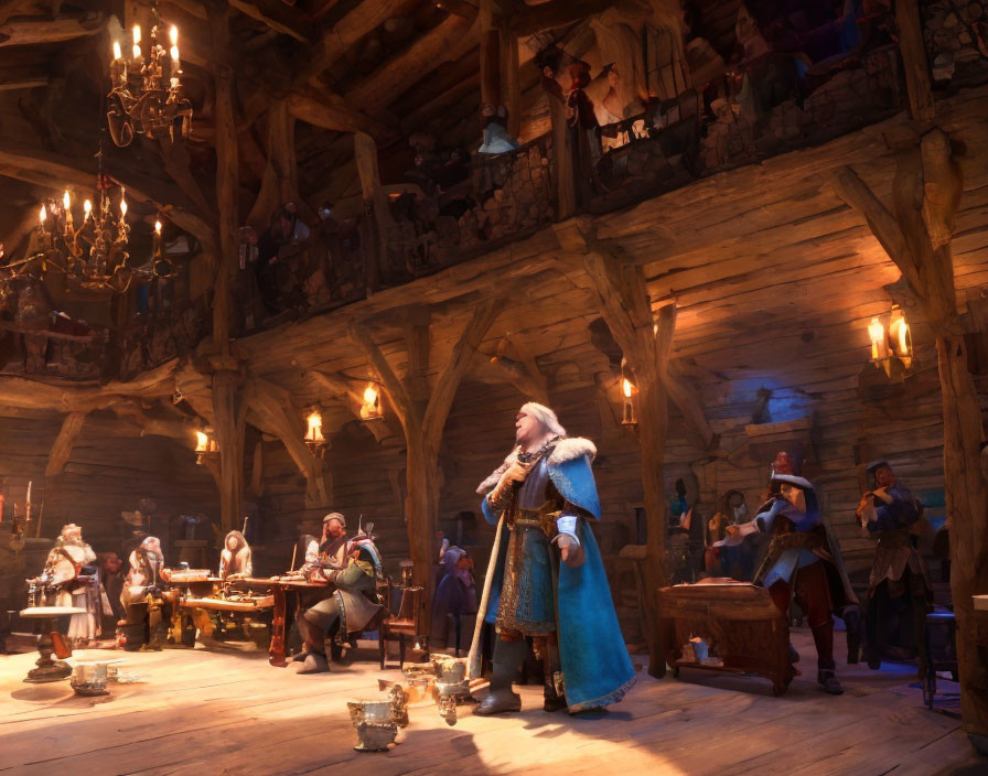 Medieval tavern scene with dining patrons, singing bard, and central figure in blue regal attire