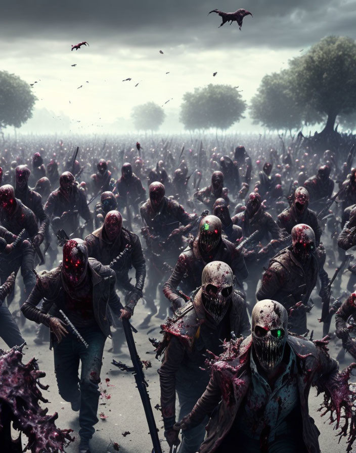 Horde of Glowing-Eyed Zombies in Desolate Landscape