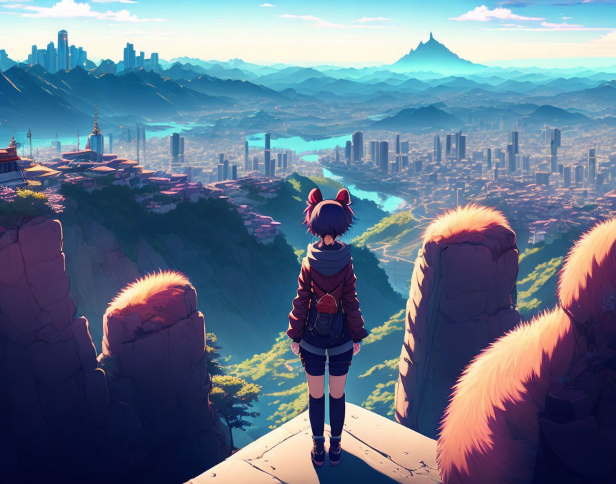 Person on cliff gazes at futuristic city with mountains and skyscrapers