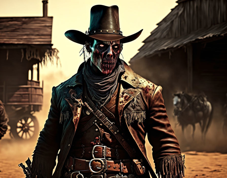 Menacing cowboy hat figure with skull face in desolate western town