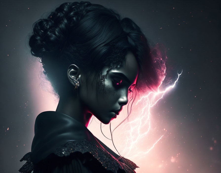 Woman with Dark Makeup and Elaborate Hairstyle in Cosmic Lightning Scene