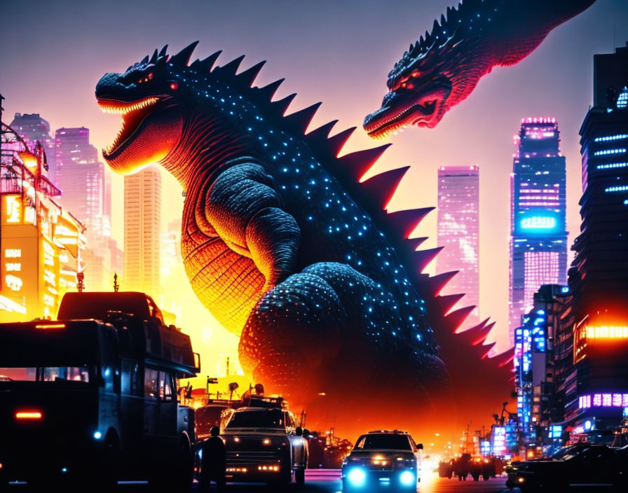 Enormous Godzilla in futuristic city with neon lights at dusk