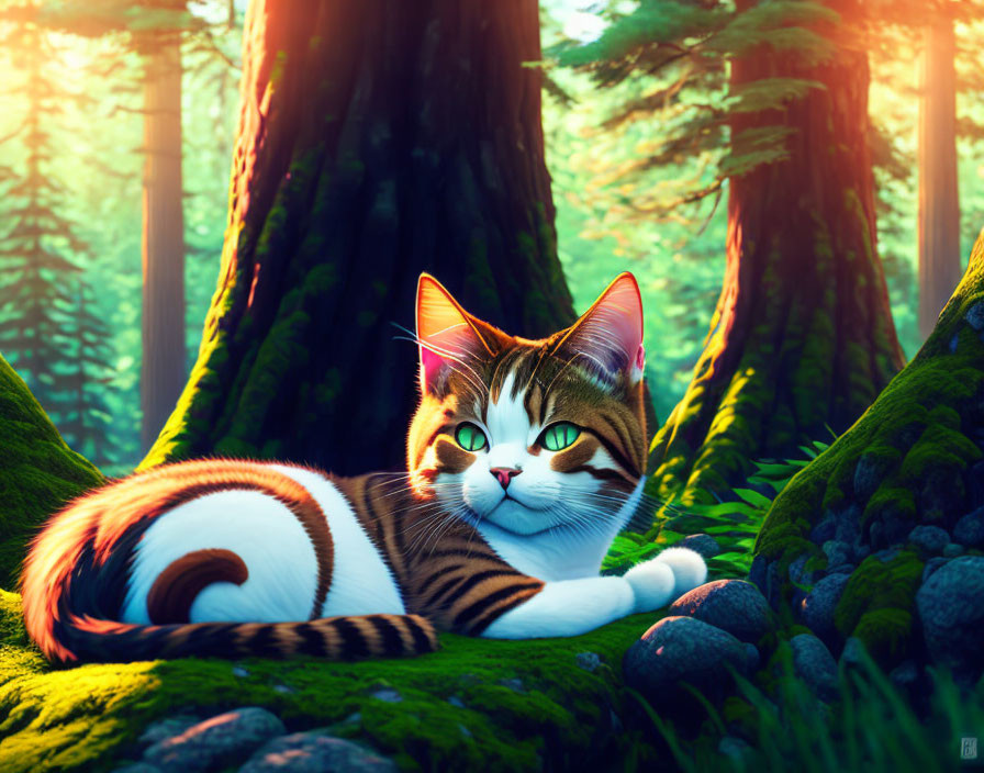 Striped cat relaxing in sunlit forest with mossy roots