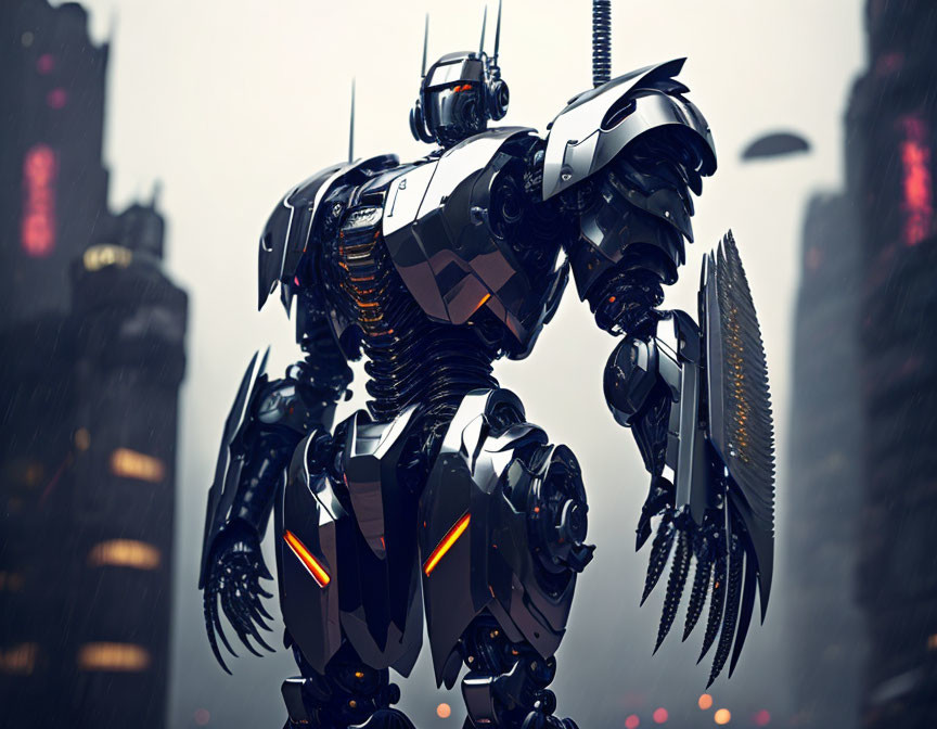 Detailed Robotic Figure in Rainy Futuristic Cityscape