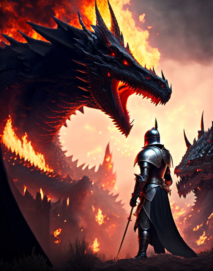 Armored knight faces fiery dragon with second dragon in background