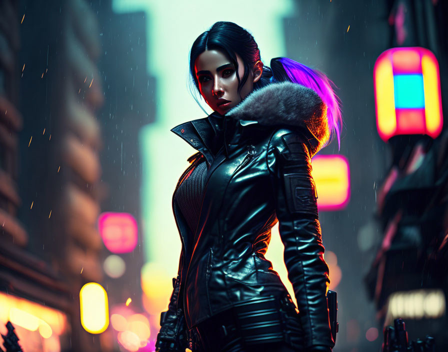 Woman in leather jacket with fur collar in neon-lit rainy cityscape