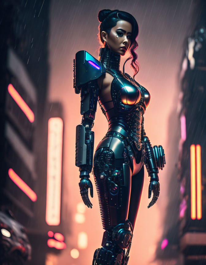 Intricate futuristic female android in neon-lit cyberpunk cityscape