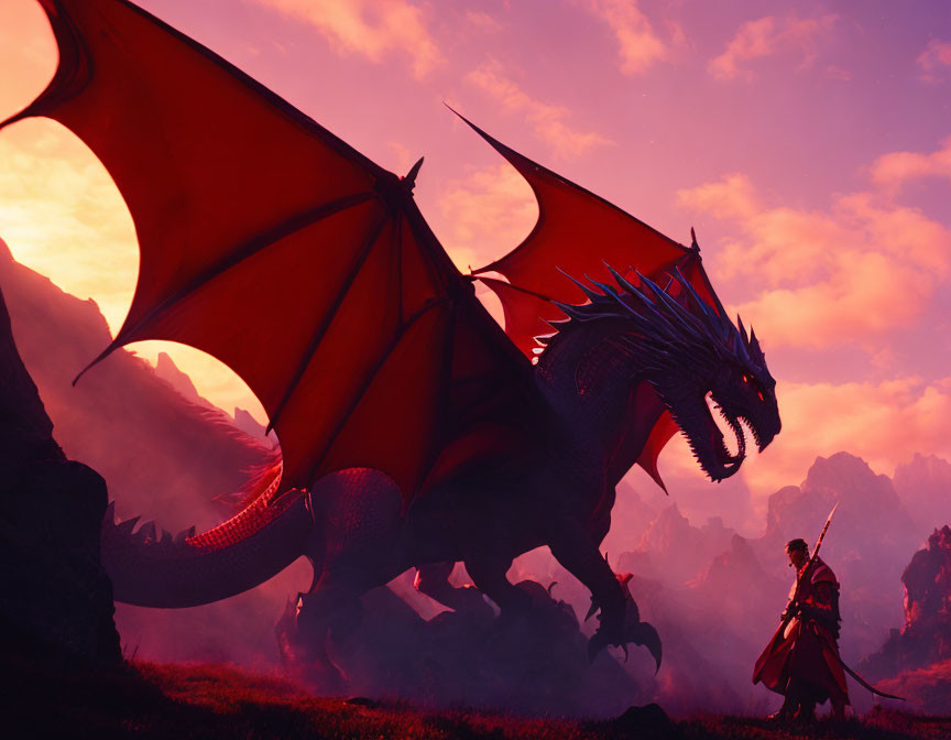 Red dragon with outstretched wings and figure in red cloak in purple sky and rocky terrain