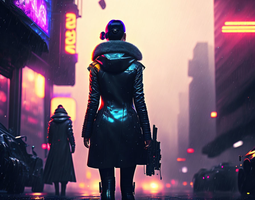 Person in futuristic cityscape at night with neon lights and rain, wearing headphones and leather jacket with bl