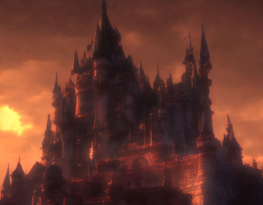 Gothic castle with spires in fiery sky - mystical and foreboding atmosphere