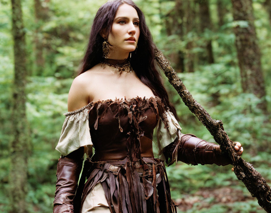 Fantasy woman with staff in mystical forest