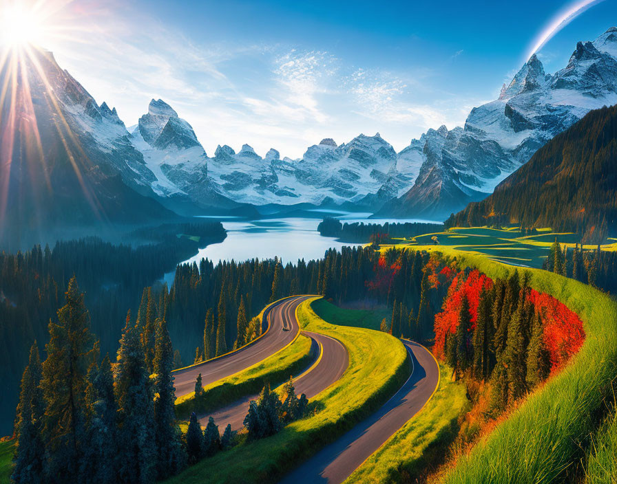 Scenic winding road through green hills, autumn trees, lake, and mountains