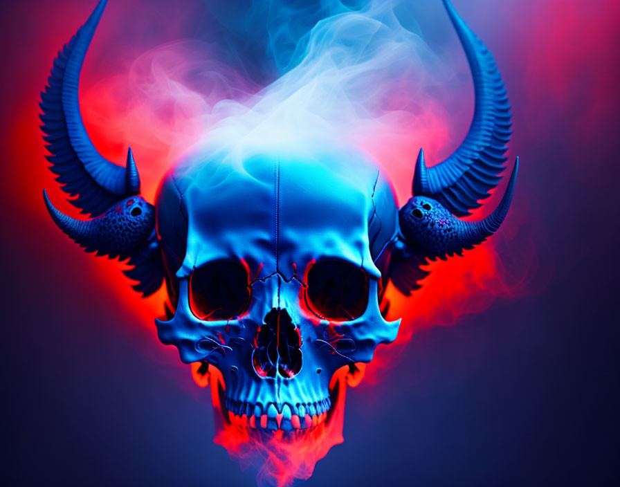 Skull with horns emitting blue smoke on red and blue gradient background