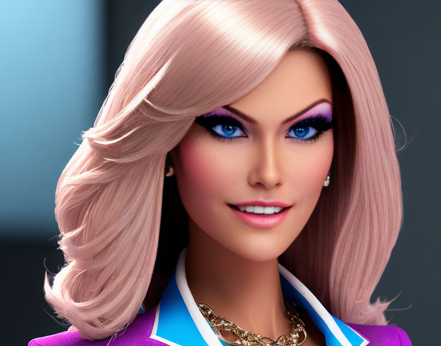 3D-rendered image of woman with pink hair, blue eyes, purple suit, and golden necklace