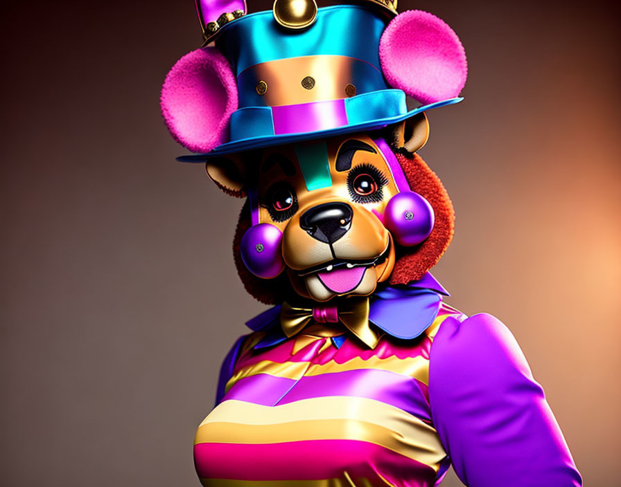 Whimsical 3D illustration of anthropomorphic bear in circus attire