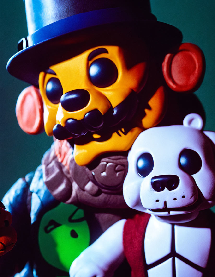 Toy Figures: Yellow Bear in Top Hat and White Dog with Eye Mark