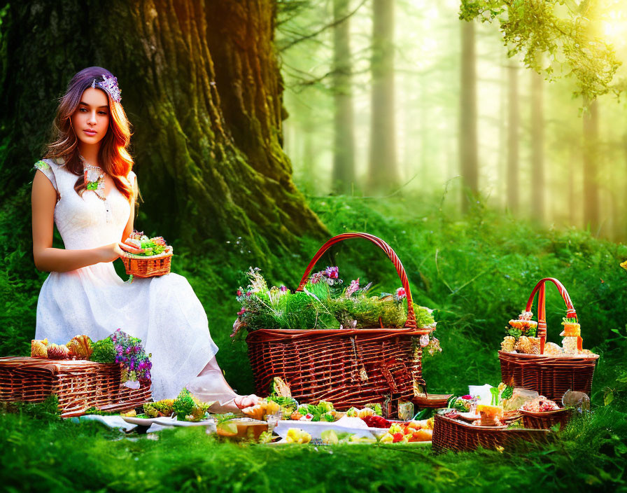 Woman in White Dress Surrounded by Baskets in Sunlit Forest