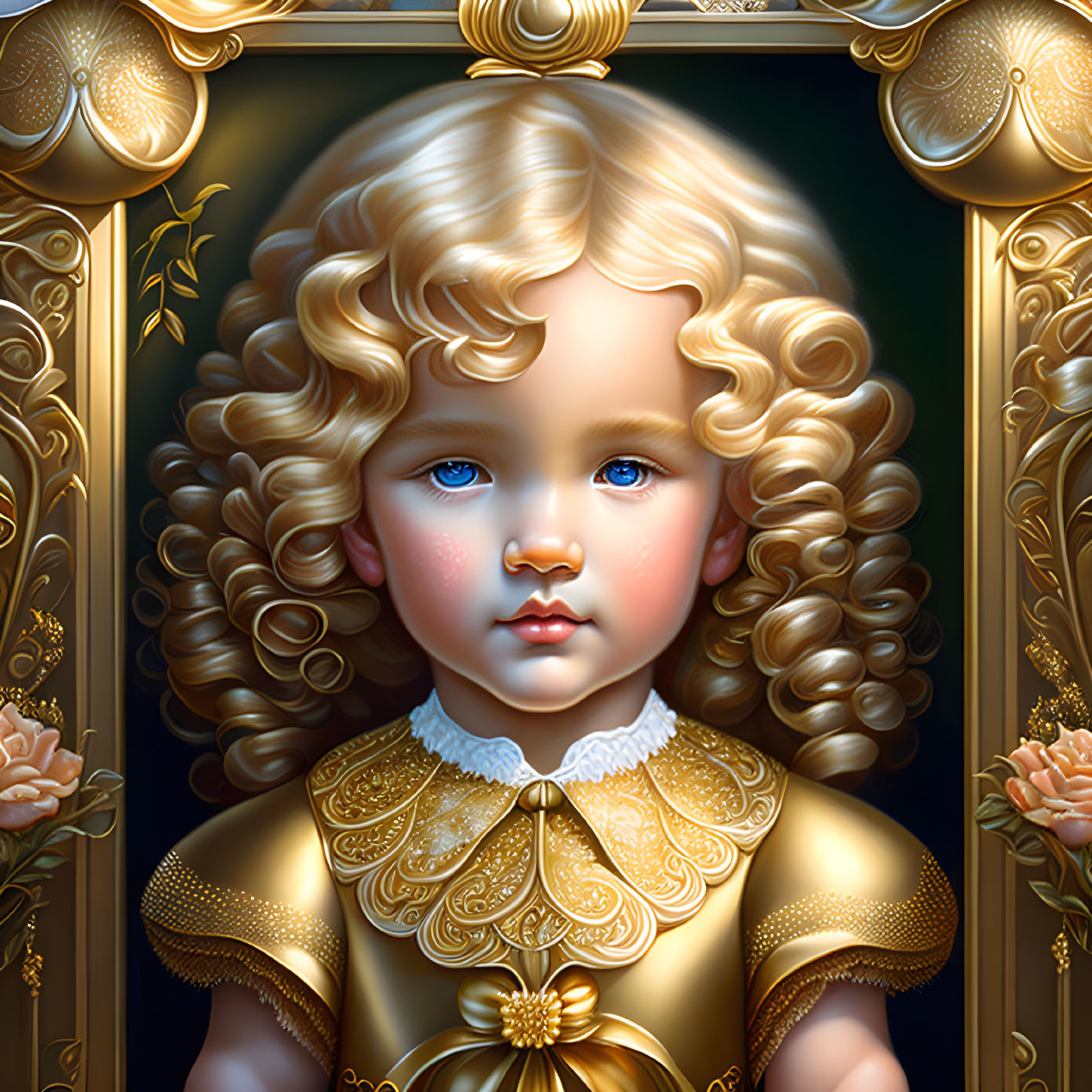 Child with Curly Blond Hair in Ornate Golden Outfit and Border