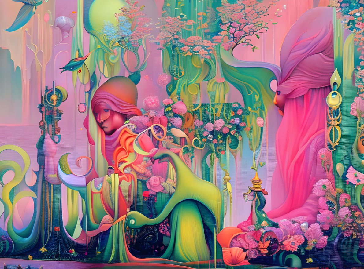 Colorful surreal artwork: flowing shapes, plant-like forms, cloaked figures in fantastical landscape