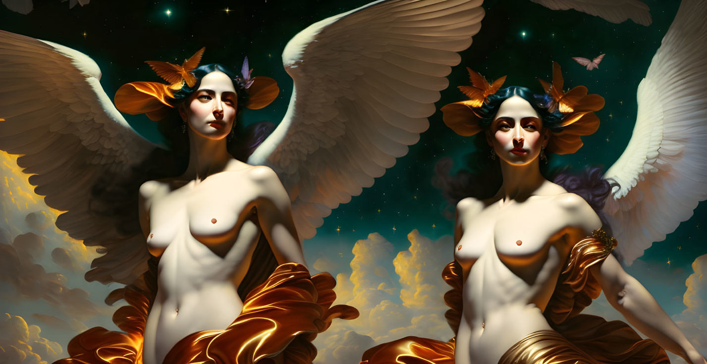 Surreal angelic figures with celestial wings in starry sky scene