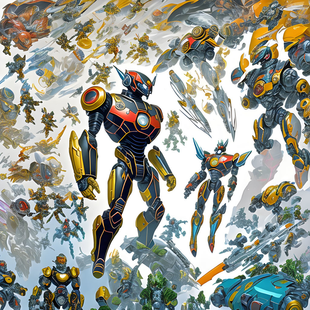 Vibrant illustration of robotic superhero with flying robots and mechanical creatures in nature