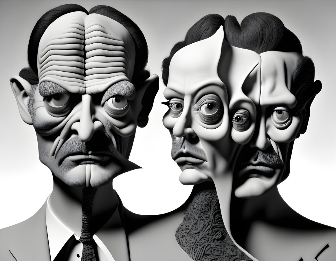 Surreal black and white illustration of distorted male faces blending into each other