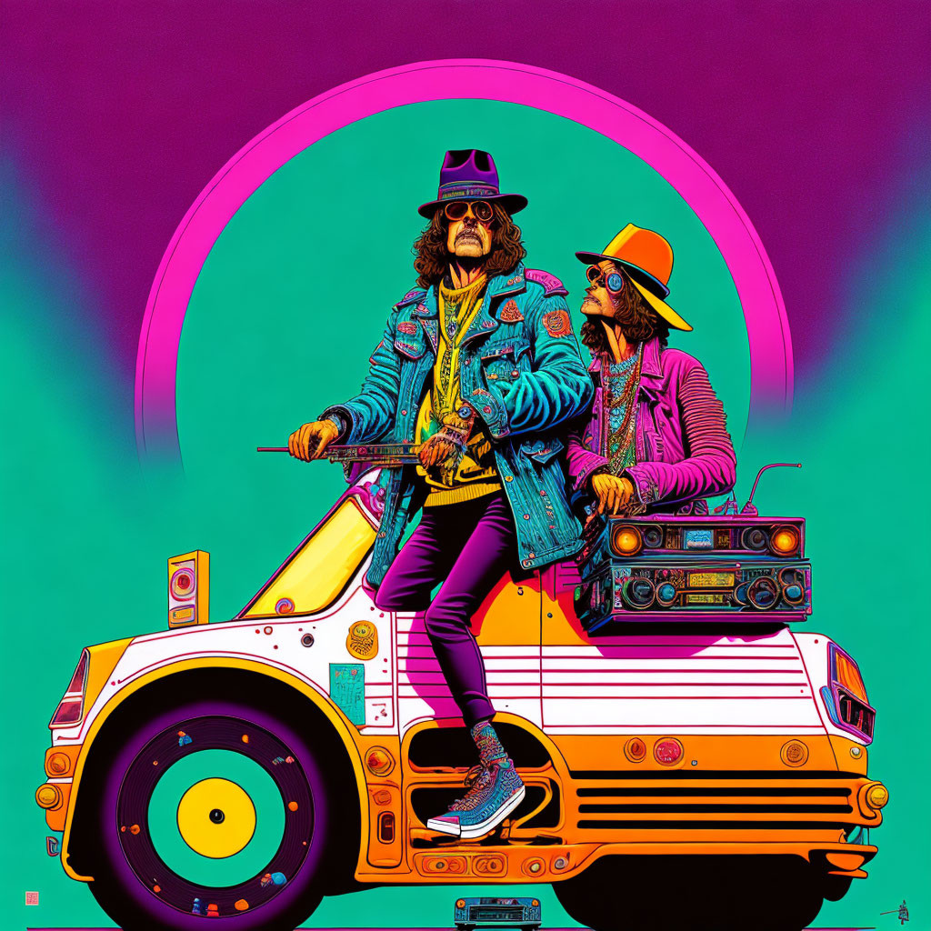 Stylized characters in retro outfits on illustrated car with sunglasses