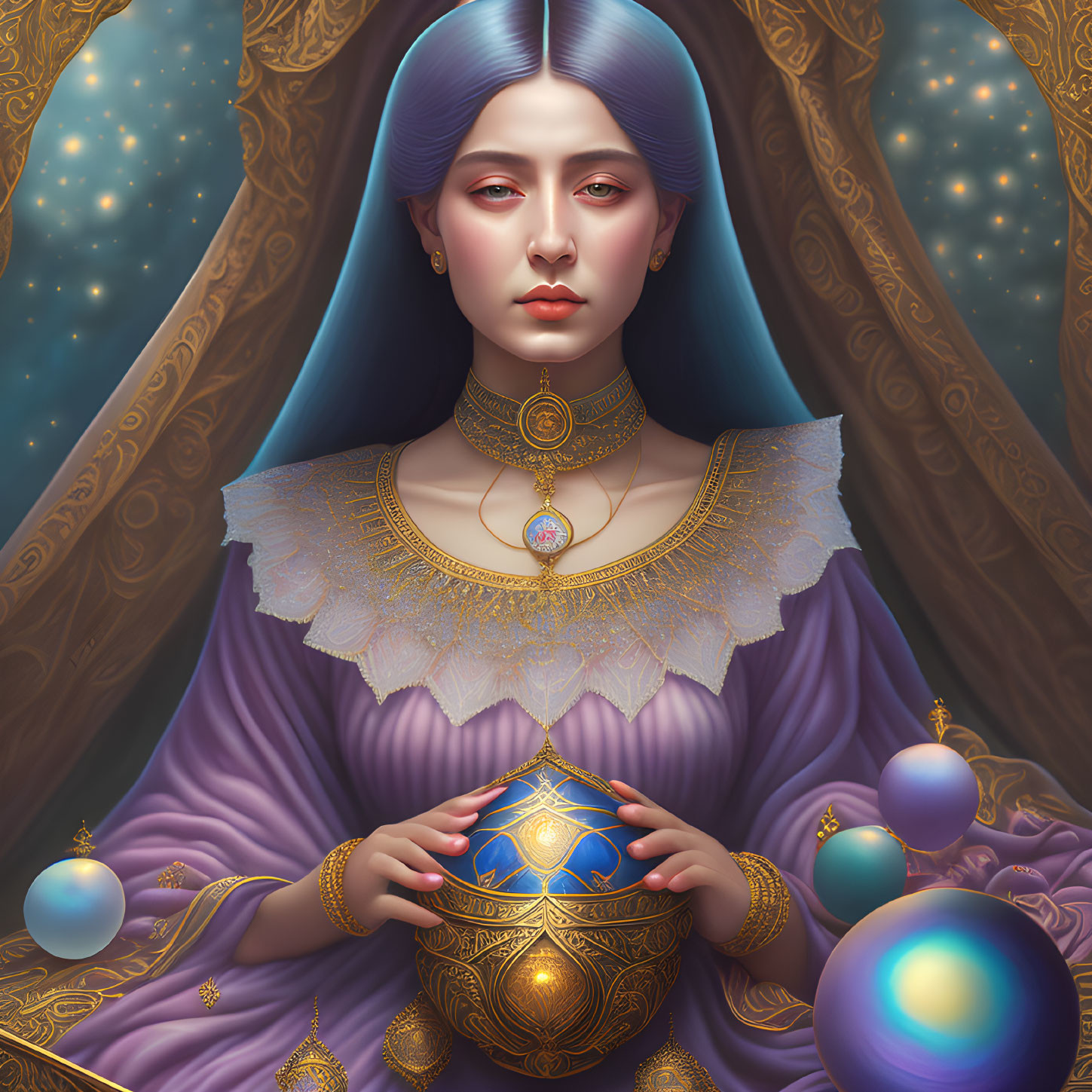 Regal woman with blue hair and gold jewelry holding a mystical orb