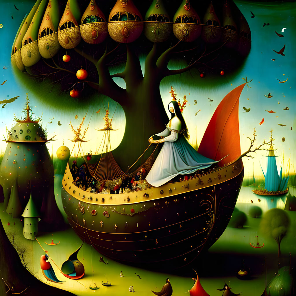 Surreal painting: Lady on boat with tree of ships in green sea