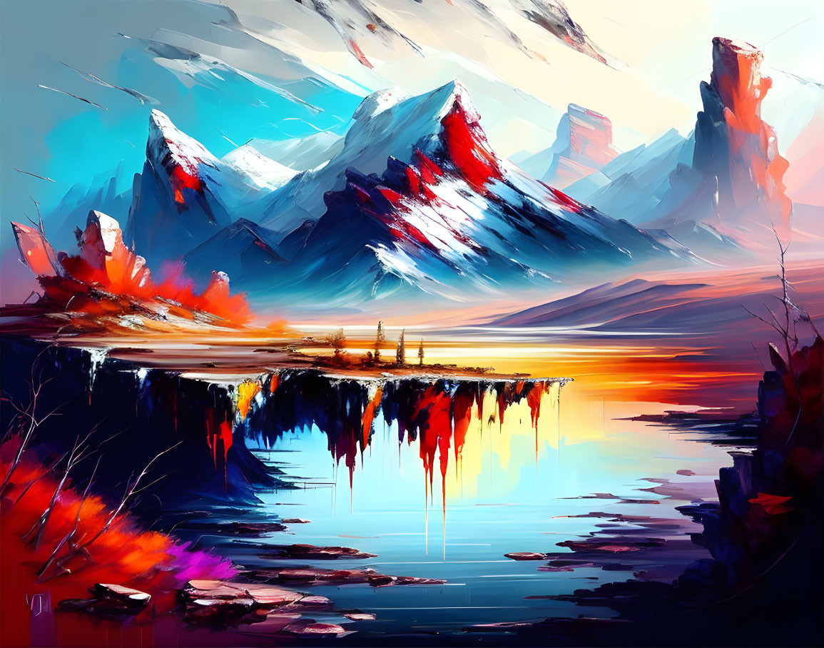 Colorful Mountain Landscape Reflection in Water with Reds, Blues, and Purples