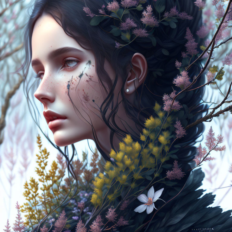 Digital Artwork: Woman with Floral Crown and Freckles Amid Delicate Flowers