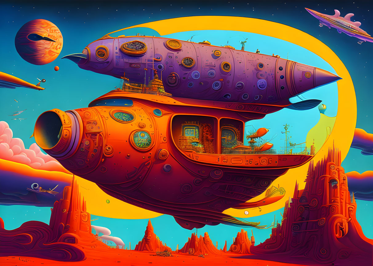 Colorful retro-futuristic spaceship on alien planet with orange skies and ringed planets.