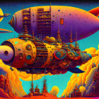 Colorful retro-futuristic spaceship on alien planet with orange skies and ringed planets.