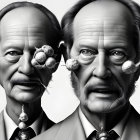 Surreal black and white illustration of distorted male faces blending into each other