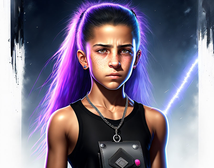 Digital Artwork: Determined Young Girl with Purple Hair and Futuristic Outfit